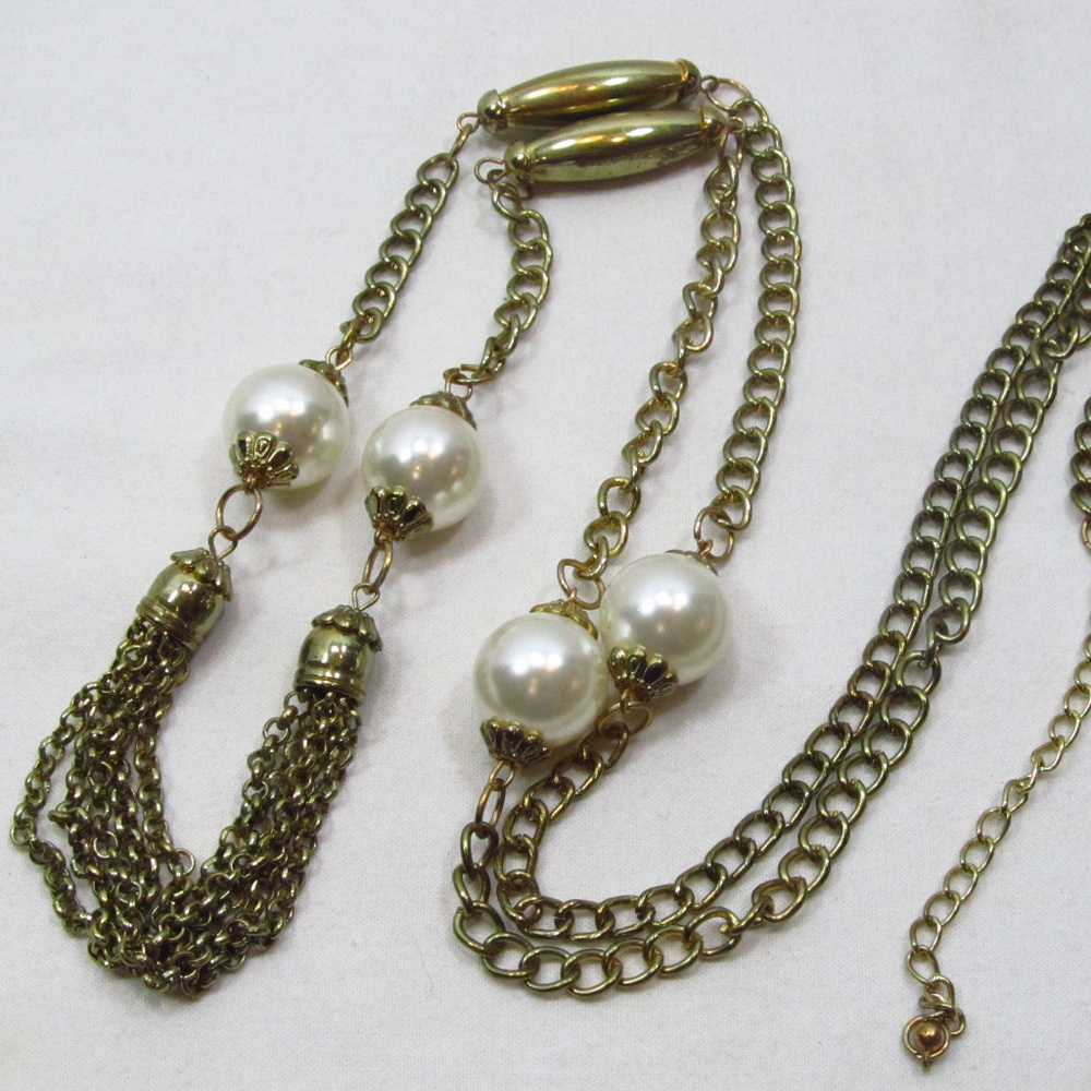 Faux Brass & Pearl Rope Necklace Chain Beaded